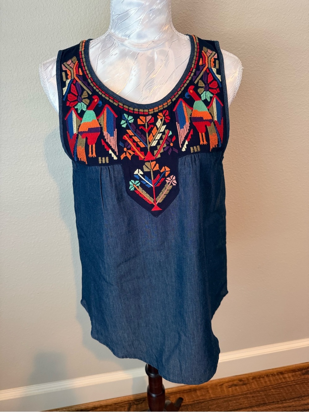 THML Navy Embroidered Denim-Style Sleeveless Tank